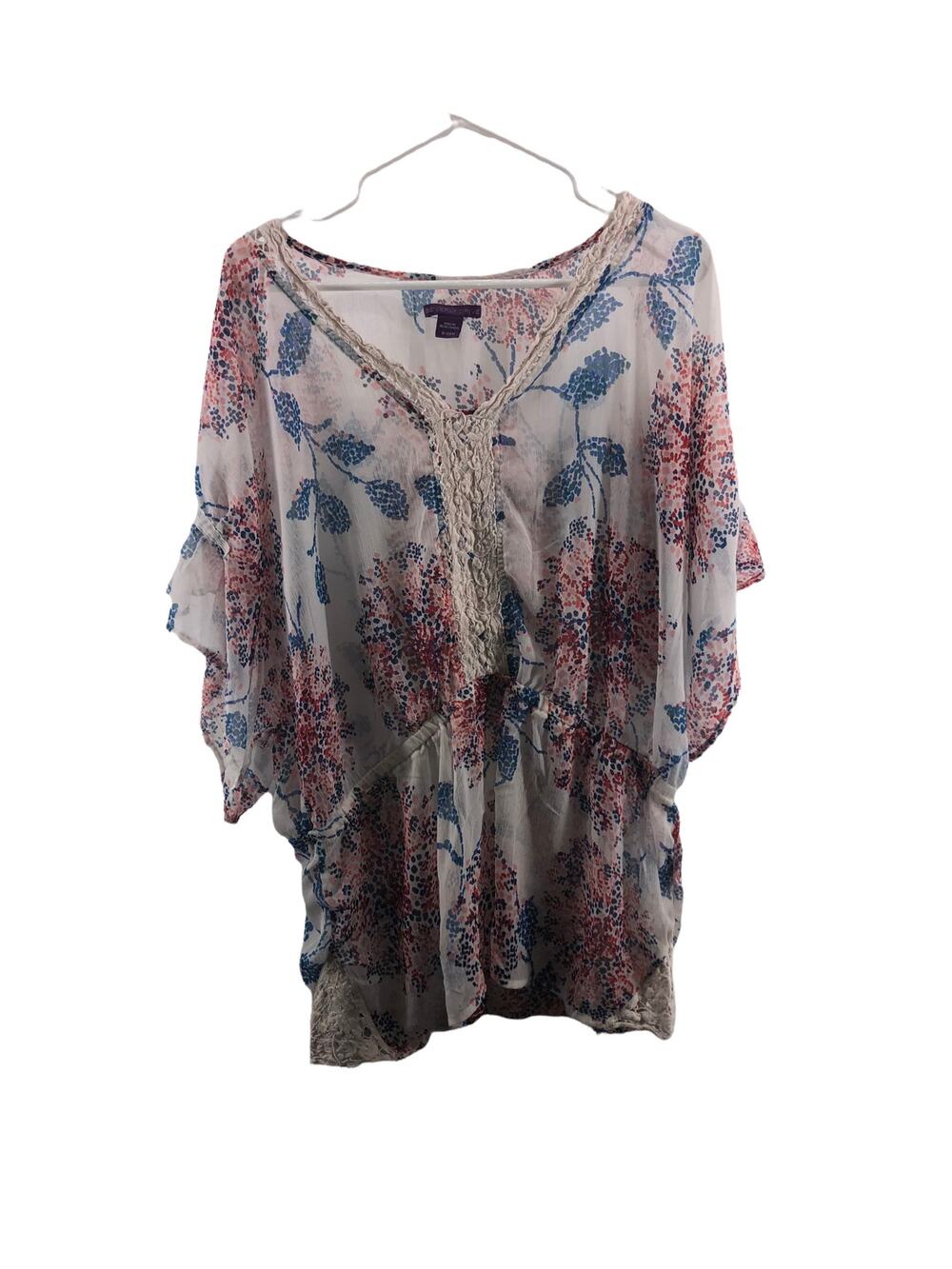 Beverly Drive Multicolored Floral Print Crochet Blouse Women's Size 16-18W